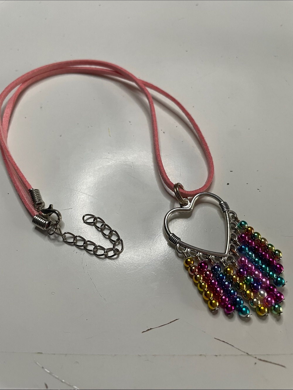 Pink Cord Necklace with Heart Pendant and Rainbow Bead Fringe